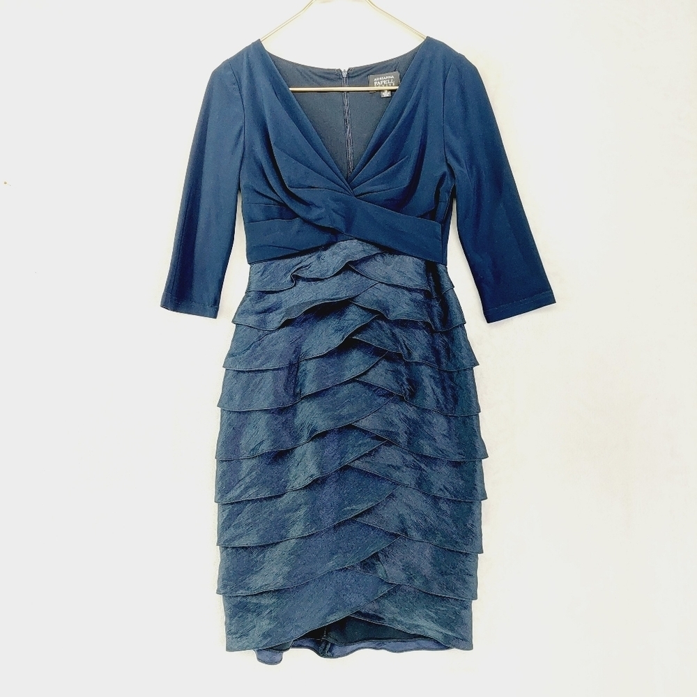Adrianna Papell Navy Shutter Pleats V-neck 3/4 Sleeve Midi Sheath Dress